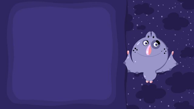 Cartoon character violet bat flying loop animation for titles. Good for fairy tales, illustration, etc...  Night sweet animal, stars and clouds. Cute intro frame included, seamless loop. 