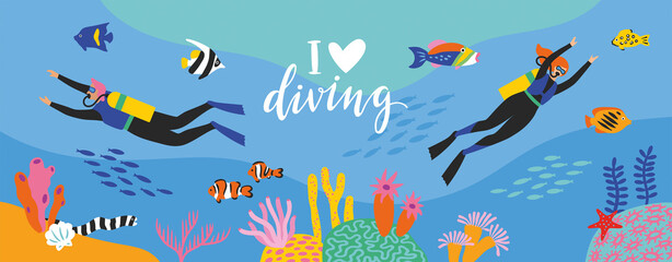 Divers swim over coral reef. Vector illustration. Horizontal banner.