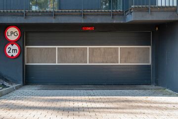 Front view of underground garage entrance gate