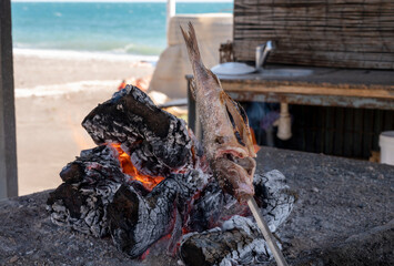 Malaga style of preparation of fresh fish, catch of the day, on skewers and open flame on fireplace with olive trees wood