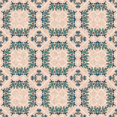 Coastal coral reef geometric quilt style linen pattern. Seamless marine fabric effect background for nautical home decor. Natural kelp geo damask in hand drawn watercolor tile print.