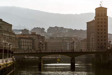 The cityscape of Bilbao, Spain. The Nervion river crosses Bilbao old town.