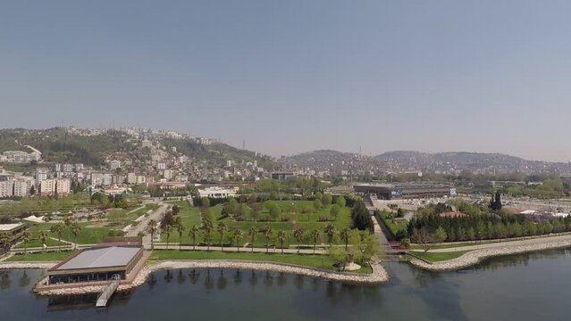 aerial public park, water canal tilt