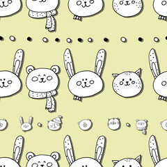 Animals characters - seamless pattern with bunny and cat, bear on light beige background