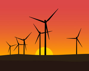 Windkraftanlage im Feld beim Sonnenaufgang oder Sonnenuntergang.