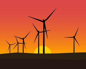 Fototapeta premium Windkraftanlage im Feld beim Sonnenaufgang oder Sonnenuntergang.