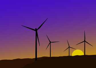 Windkraftanlage im Feld beim Sonnenaufgang oder Sonnenuntergang.
