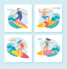 Summer set. Young people surfing waves. Vector illustration.