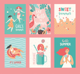 Hello Summer cards. Set of illustrations in cartoon style.