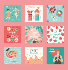 Fototapeta premium Hello Summer cards. Set of illustrations in cartoon style.