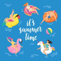 It's summertime! Girls swim in the sea on rubber rings. Vector illustration. 