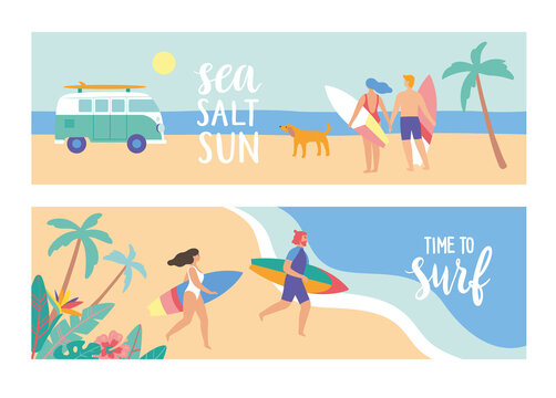 Horizontal banners. Young surfers with their surfboards at the beach. Vector illustration.