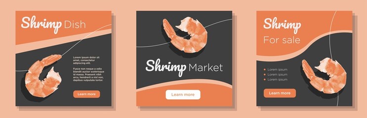 Shrimp prawn for sale social media post, banner set, peeled shrimps seafood market advertisement concept, fish restaurant menu marketing square ad, abstract print, isolated on background