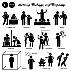 Stick figure human people man action, feelings, and emotions icons starting with alphabet C. Condescend, condone, conduct, confer, confess, confide, confident, configure, confine, confiscate, confront - obrazy, fototapety, plakaty