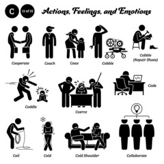 Stick figure human people man action, feelings, and emotions icons starting with alphabet C. Cooperate, coach, coax, cobble, coddle, coerce, coil, cold, cold shoulder, and collaborate.