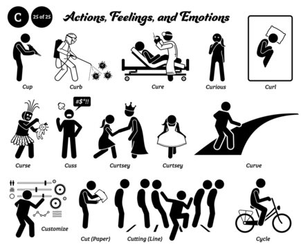 Stick figure human people man action, feelings, and emotions icons starting with alphabet C. Cup, curb, cure, curious, curl, curse, cuss, curtsey, curve, customize, cut paper, cutting line, and cycle.
