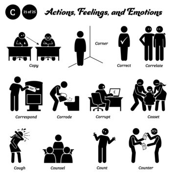 Stick figure human people man action, feelings, and emotions icons starting with alphabet C. Copy, corner, correct, correlate, correspond, corrode, corrupt, cosset, cough, counsel, count, and counter.