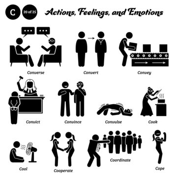 Stick figure human people man action, feelings, and emotions icons starting with alphabet C. Converse, convert, convey, convict, convince, convulse, cook, cool, cooperate, coordinate, and cope.