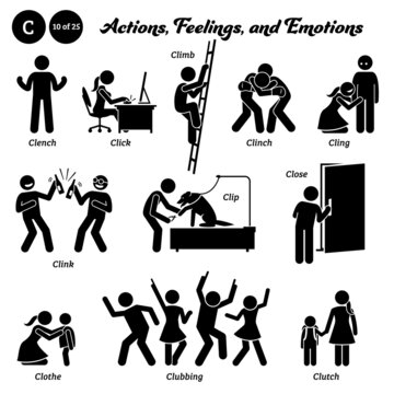 Stick figure human people man action, feelings, and emotions icons starting with alphabet C. Clench, click, climb, clinch, cling, clink, clip, close, clothe, clubbing, and clutch.