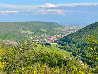 Aerial point of view on Guebwiller (Alsace, France) and the entrance to the Florival valley, its...