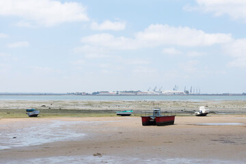 Obraz premium Fishing boats on the coast of the Bay of Puerto Real in Cadiz. Andalusia Spain. Europe. June 27, 2021 