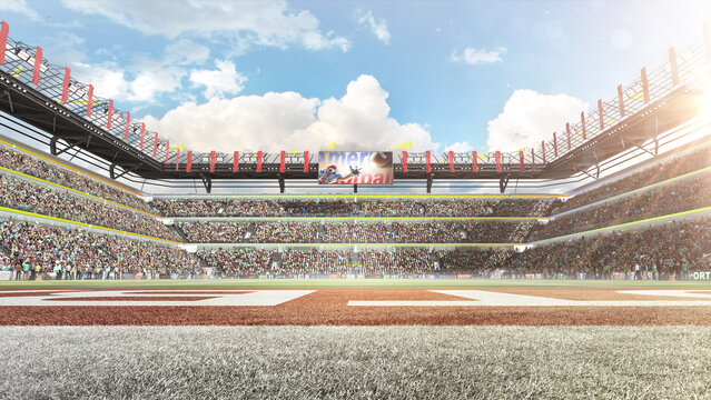 Football Stadium. Stadium For American Football In The Daytime. Stadium Full Of Fans With Flags. Bottom View. 3d Rendering