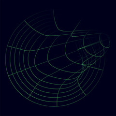 3d warped wireframe tunnel. Distorted wormhole vector illustration.