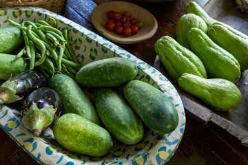 colorful vegetable bowl with chayote, cucumber, eggplant, string beans