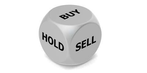 Buy, sell and hold dice isolated on white background