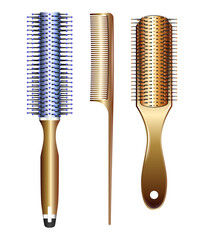 set of realistic hairbrush isolated or hot curling radial brush comb or barbershop equipment tools concept. eps vector