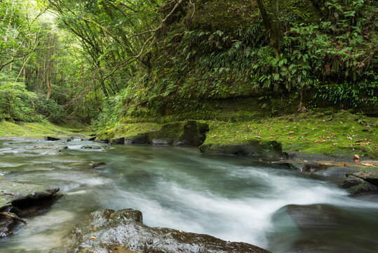 森をバックに緑の崖と川の流れ © varts