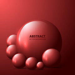 Red realistic 3d spheres and balls on a red background. Geometric three-dimensional vector illustration.