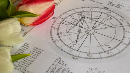 Printed natal charts with  white tulips on the side
