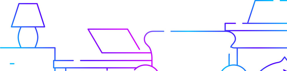 Home comfort, fireplace, armchair, study den related horizontal banner or bottom border template background. Flat gradient line vector illustration isolated on white.