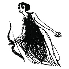 Ancient Greek woman with a bow. Goddess Artemis or Diana. Young huntress or Amazon. Hand drawn linear doodle rough sketch. Black silhouette on white background.