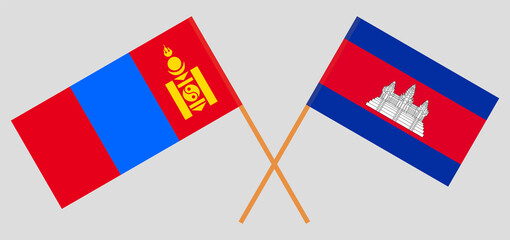 Crossed flags of Mongolia and Cambodia. Official colors. Correct proportion