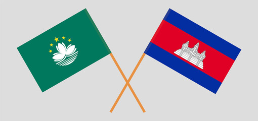 Crossed flags of Macau and Cambodia. Official colors. Correct proportion