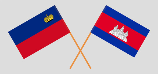 Crossed flags of Liechtenstein and Cambodia. Official colors. Correct proportion