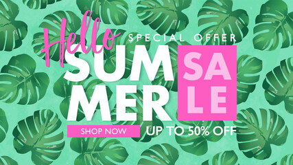 Hello summer sale banner with monstera tropical leaves patten background. Vector illustration