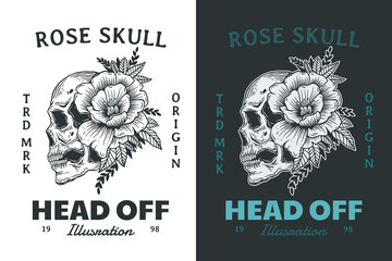 Set Skull Rose Dark illustration Beast Skull Bones Head Hand drawn Hatching Outline Symbol Tattoo Merchandise T-shirt Merch vintage