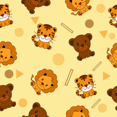 Cute Animal Tiger Bear and Lion Seamless Pattern doodle for Kids and baby