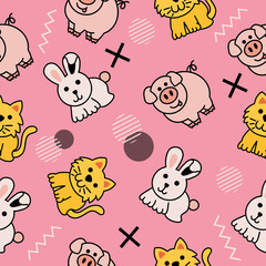 Cute Animal Rabbit Pig and Cat Seamless Pattern doodle for Kids and baby