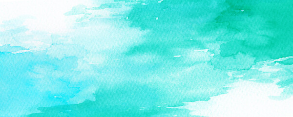 Fototapeta na wymiar コピースペースのある爽やかな水色と青緑色の海をイメージした水彩背景　背景イラスト　テクスチャ素材 海 