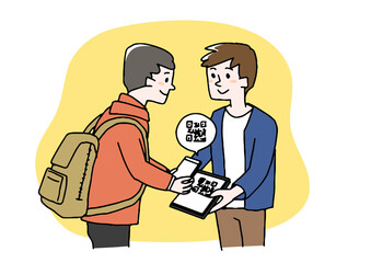 キャッシュレス決済をする男性　スマートフォンやタブレットを利用した支払い方法　温かみのある手書きの人