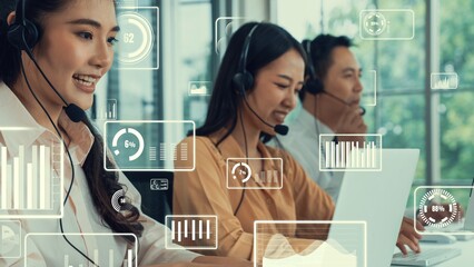 Customer support call center provide data in conceptual vision . Business and communication technology concept .