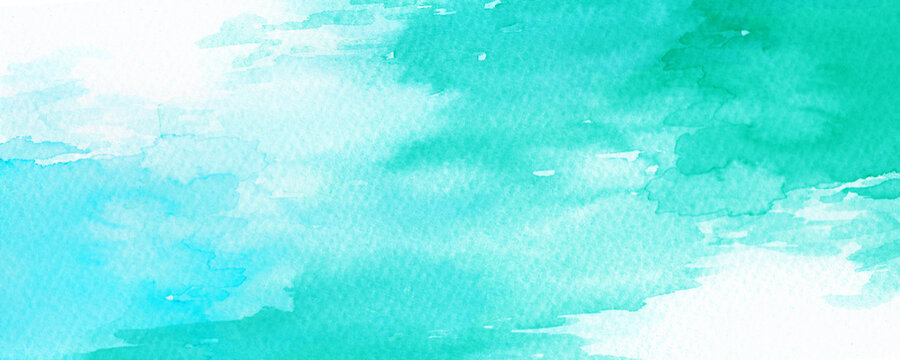 コピースペースのある爽やかな水色と青緑色の海をイメージした水彩背景　背景イラスト　テクスチャ素材 海	