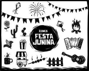 June party icons (ícones Festa Junina). Woodcut style and separate vectors.