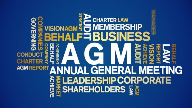 AGM - Annual General Meeting acronym animated tag word cloud;text design animation kinetic typography seamless loop.