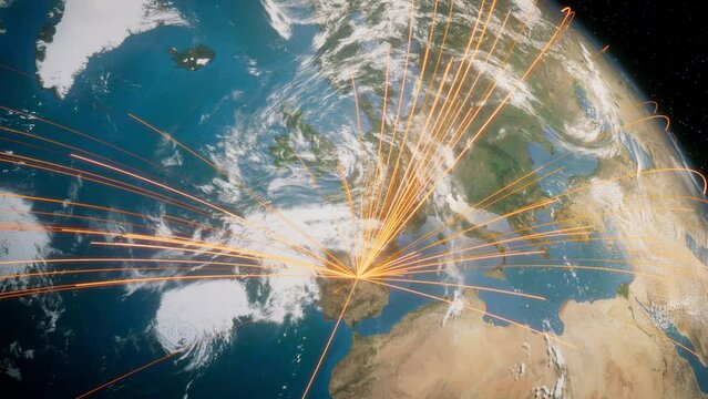 Earth in Space. Orange Lines connect Madrid, Spain with Cities across the World. Global Travel or Business Concept.