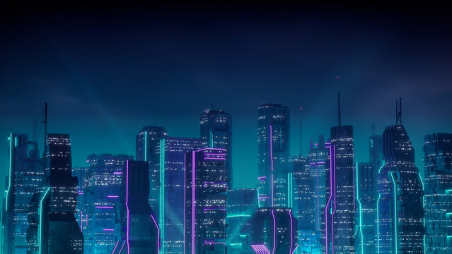 Cyberpunk Cityscape with Purple and Cyan Neon lights. Night scene with Futuristic Skyscrapers.